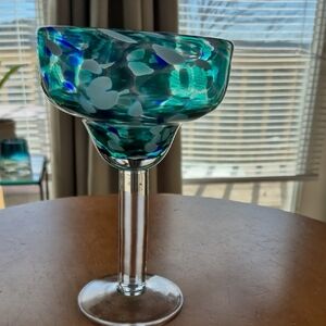 Blue, Green And White Speckled Hand Blown Margarita Glass